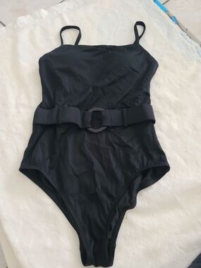 Black Ribbed One-Piece Swim Bodysuit with Belt